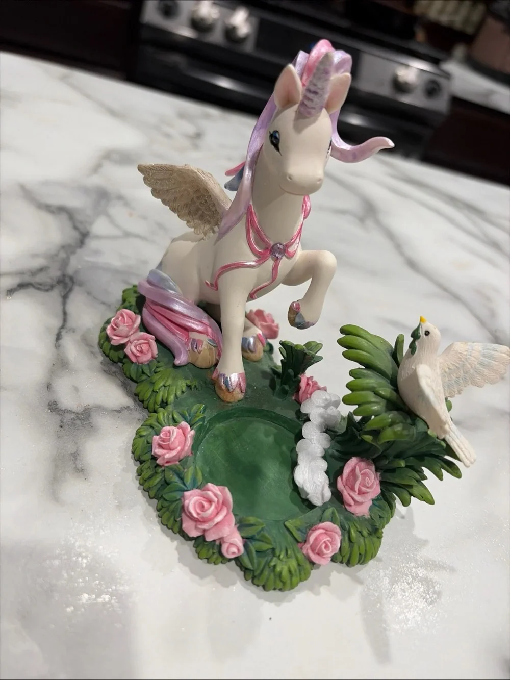 Pink & White Unicorn Cake Topper with Rose Garden